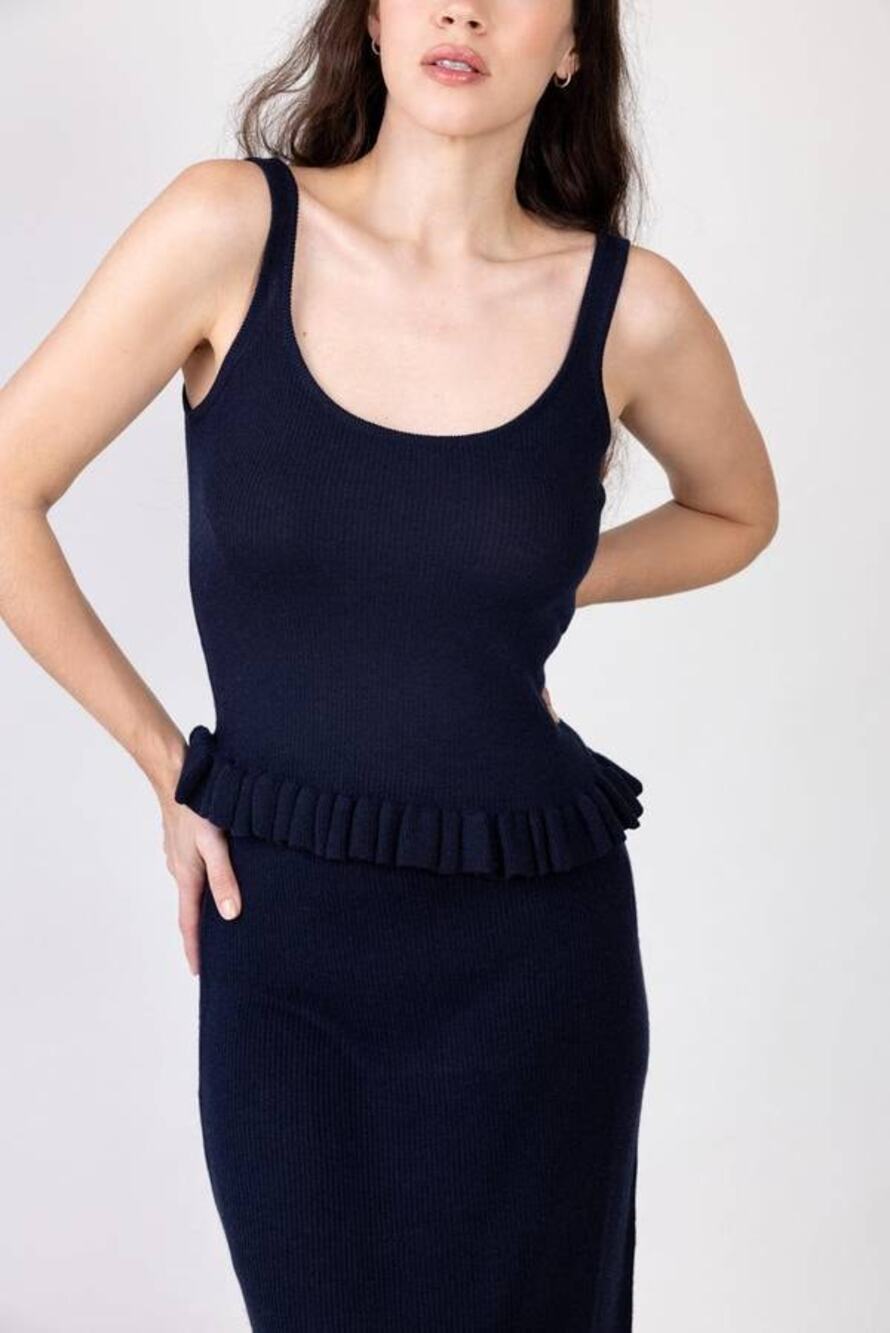 Brandon Maxwell Phoebe Ruffle Hem Knit Tank Top in Navy M